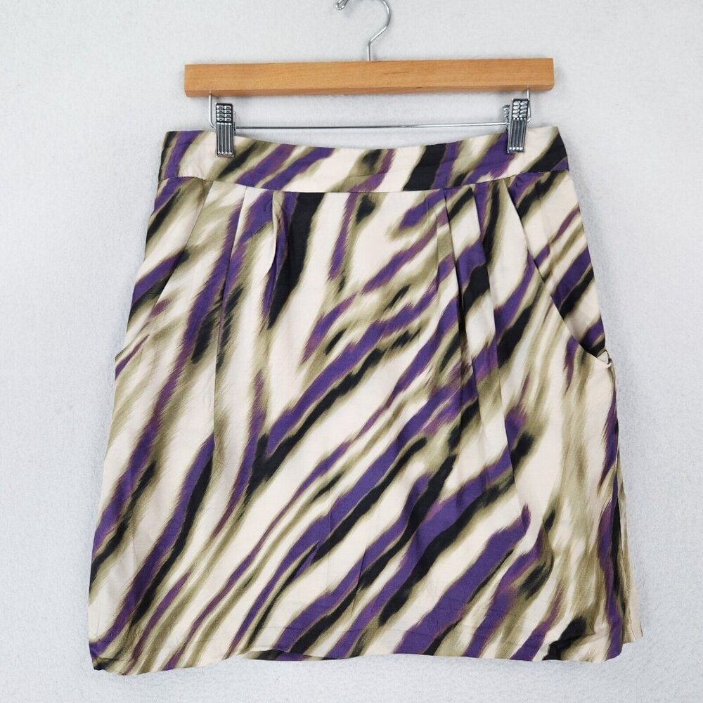 Ann Taylor Skirt Womens 4 Purple Cream Printed Pleated Knee Length Pencil Career